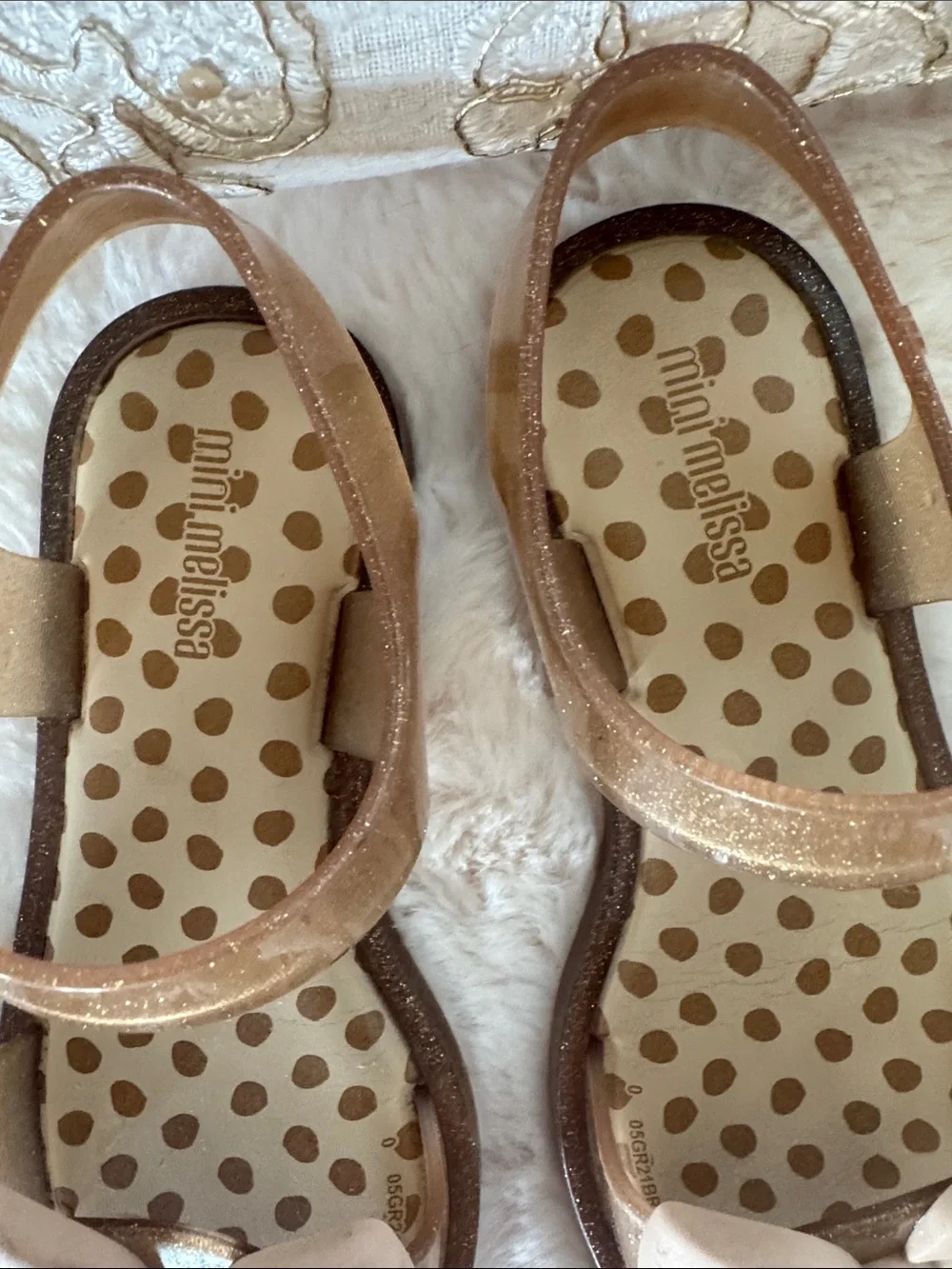 Mini Melissa Girls' Bow Sandals in Nude Gold/Beige with Glitter Straps